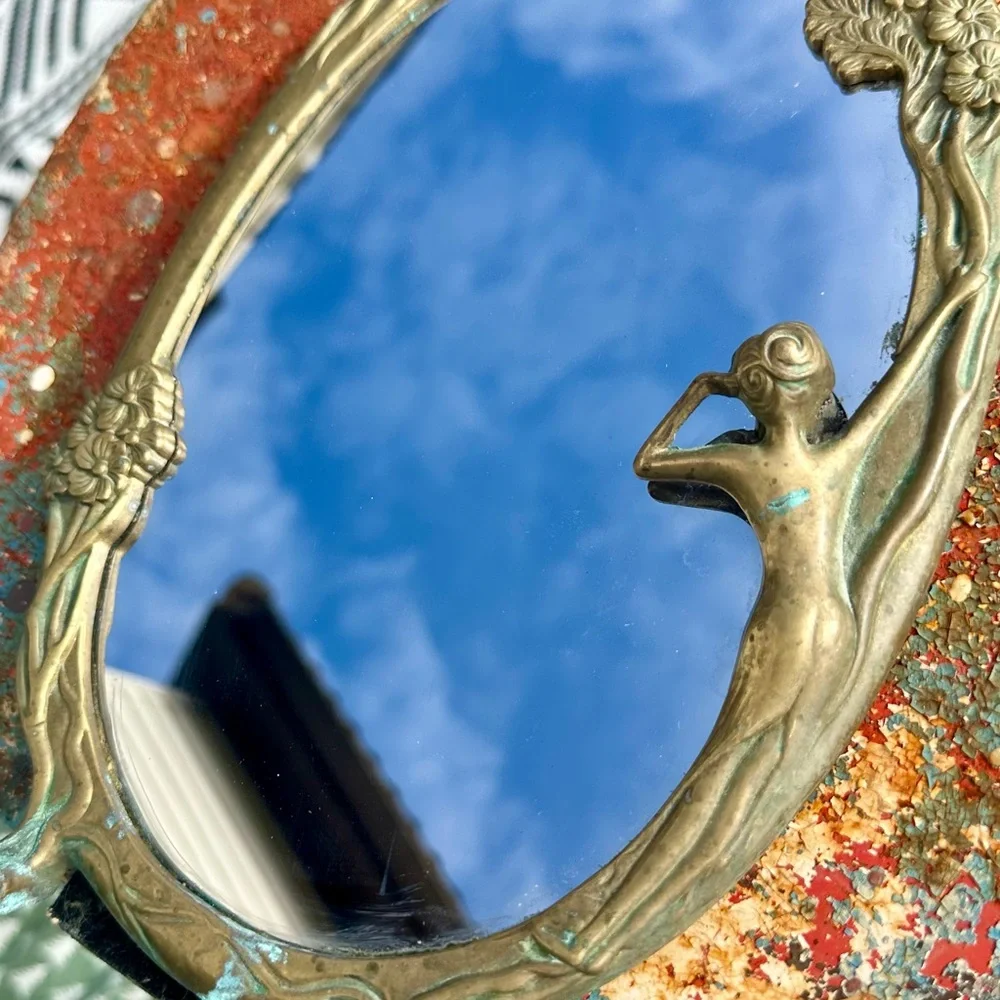 Antique Art Nouveau Brass Vanity Table Top Footed Mirror Lady by the Lake